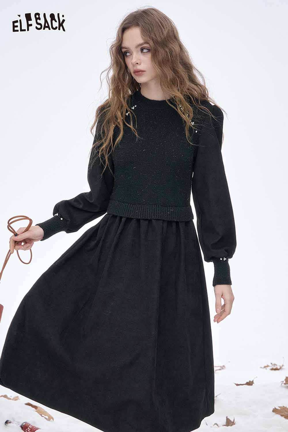 ELFSACK crystal accent midi dress in black with puff sleeves and a fitted waist for an elegant look