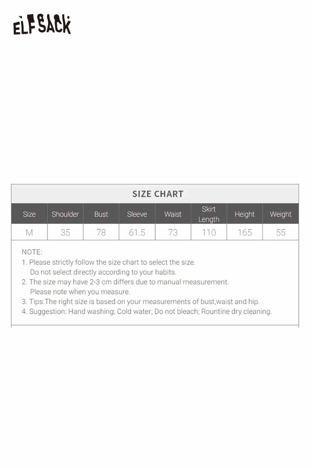 Size chart for ELFSACK crystal accent midi dress including measurements for bust, waist, and length