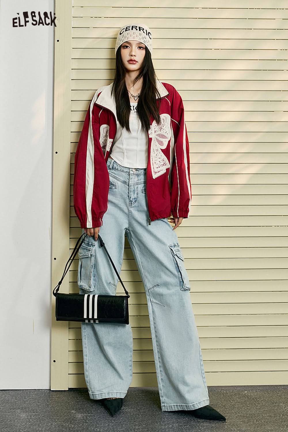 ELFSACK Y2K Square Neck Fishbone Corset Style white T-shirt styled with red jacket and wide-leg jeans