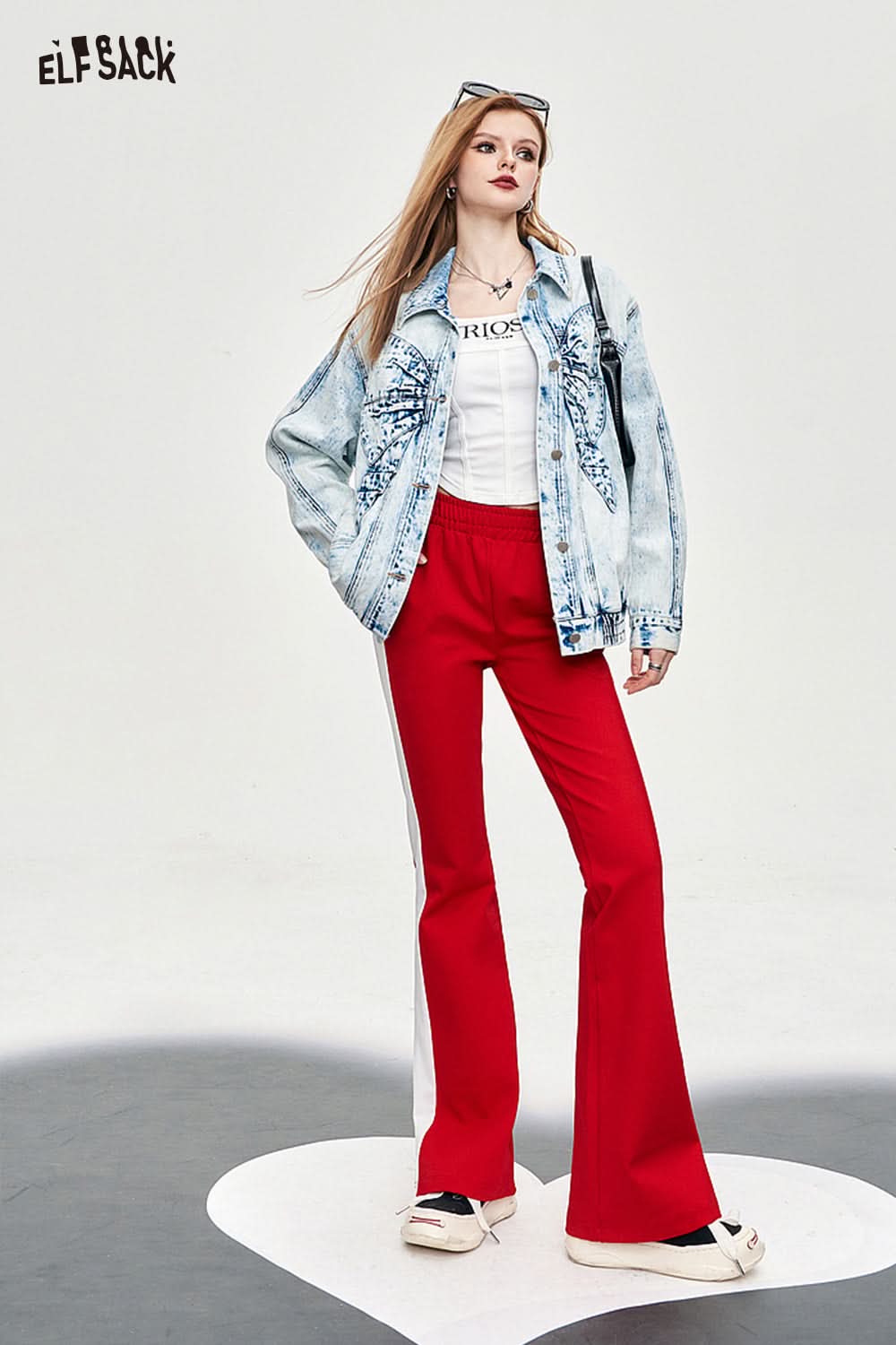 ELFSACK T-shirt with Y2K Square Neck Fishbone Corset Style worn with denim jacket and red pants