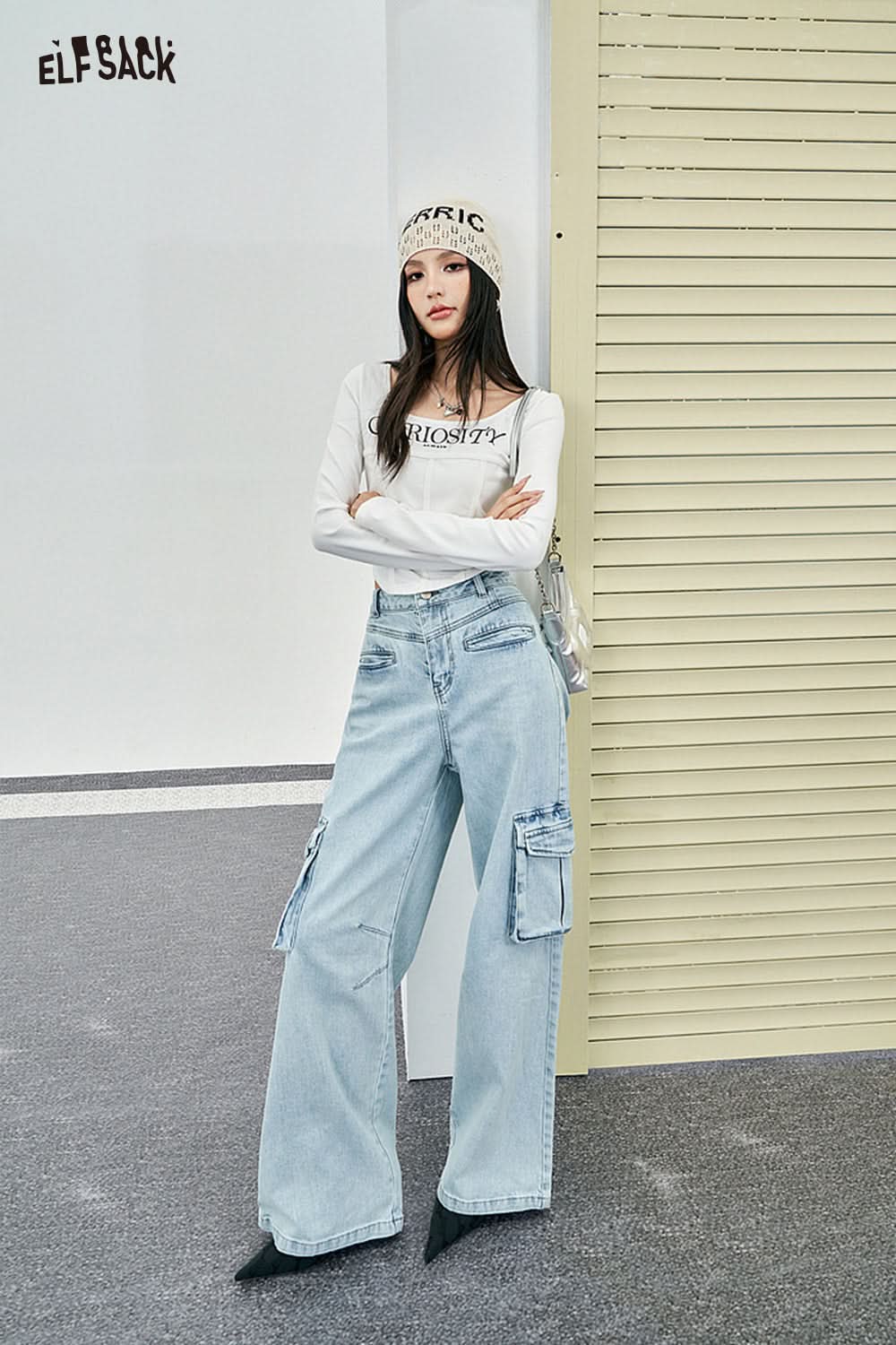 ELFSACK Y2K Square Neck Fishbone Corset Style long sleeve white T-shirt paired with wide leg jeans