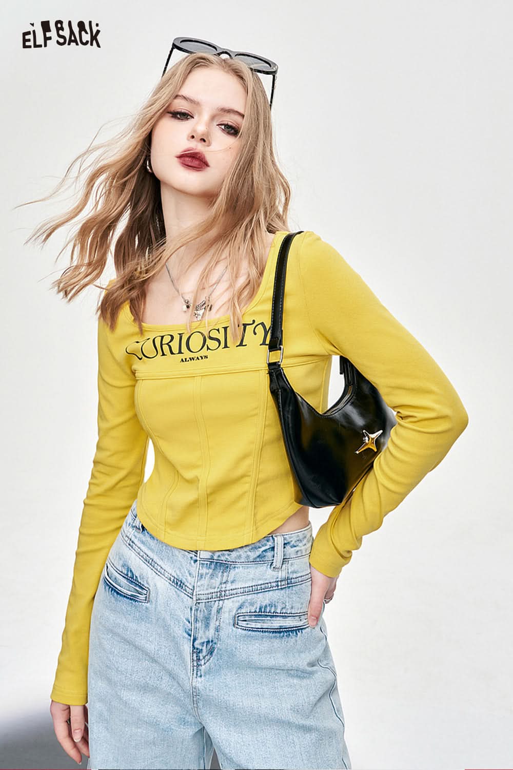 ELFSACK Y2K Square Neck Fishbone Corset Style yellow long sleeve T-shirt paired with light blue jeans