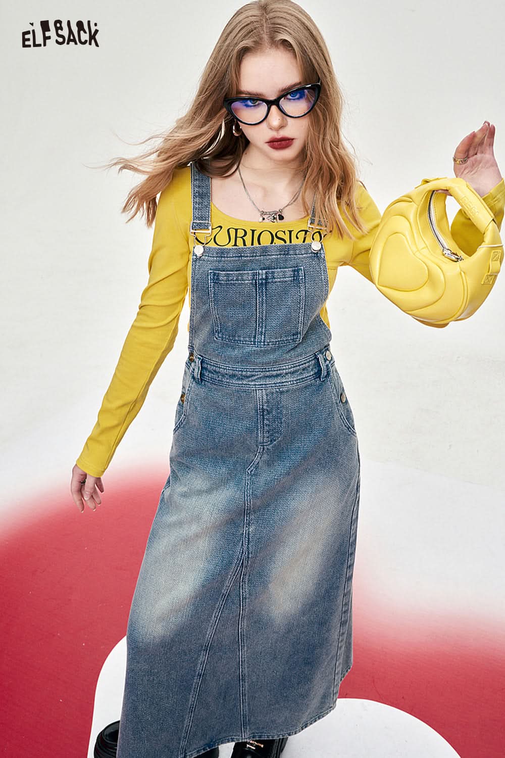 ELFSACK Y2K Square Neck Fishbone Corset Style yellow long sleeve T-shirt worn with denim dress