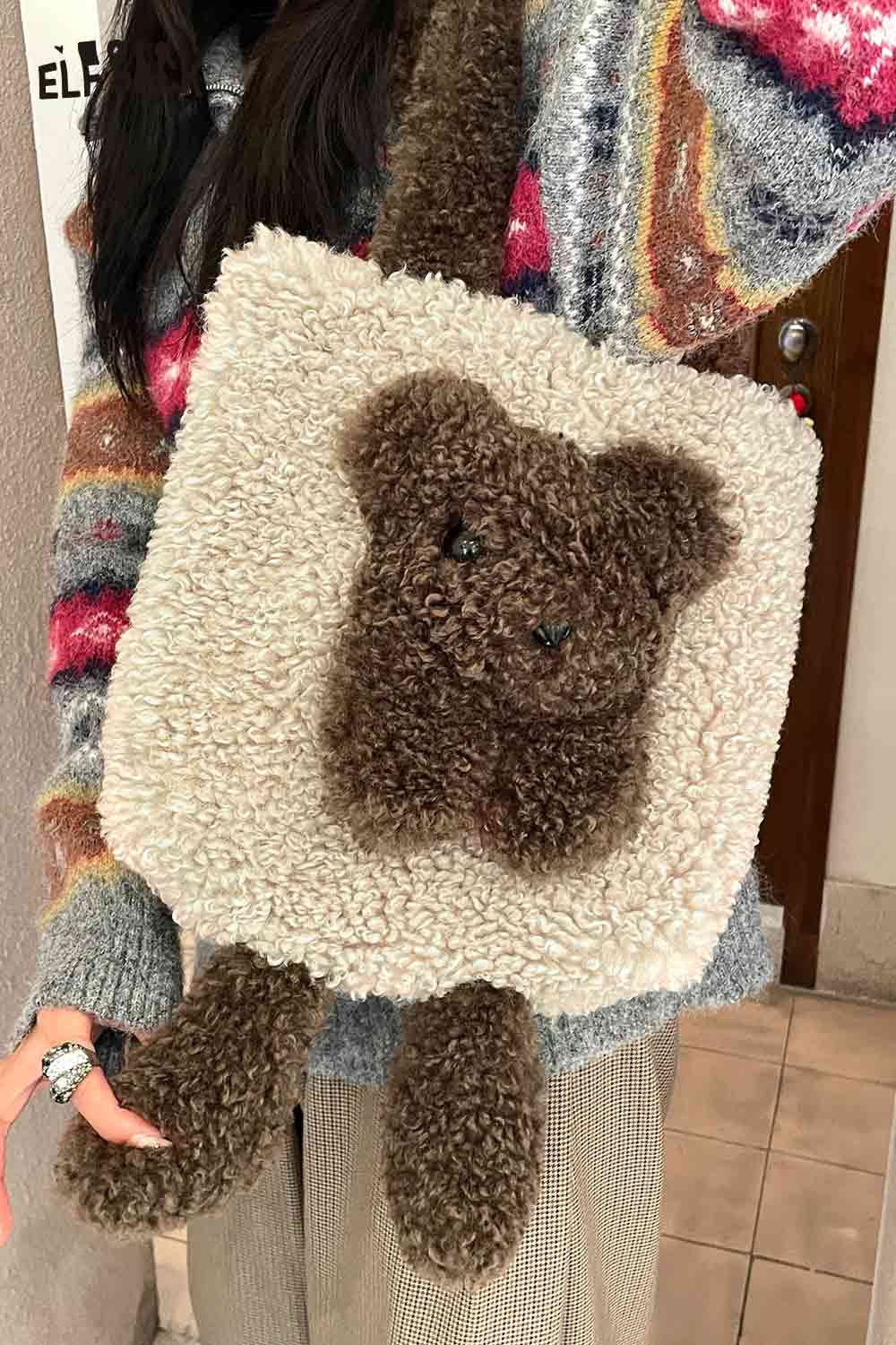 ELFSACK cute 3D bear shoulder bag made from soft, fluffy material for stylish functionality