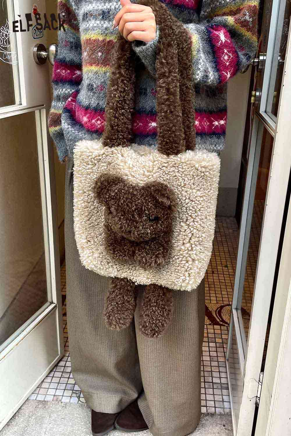 ELFSACK cute 3D bear shoulder bag with fluffy texture and playful design for stylish outings