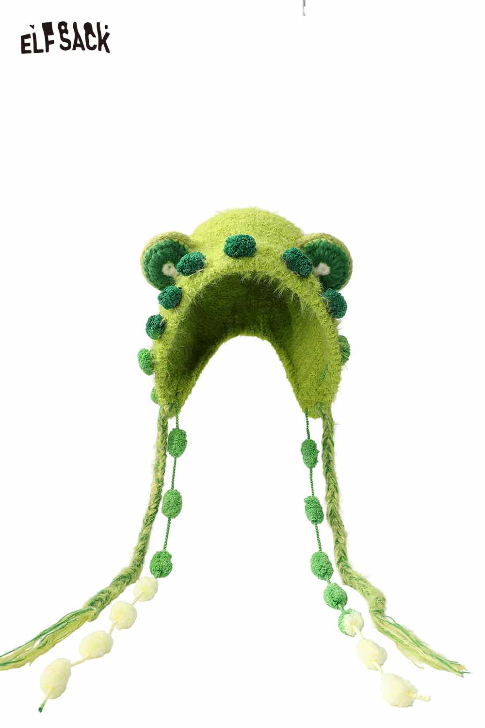 Cute 3D ear beanie hat in green with pom-poms and long tassels for playful winter style