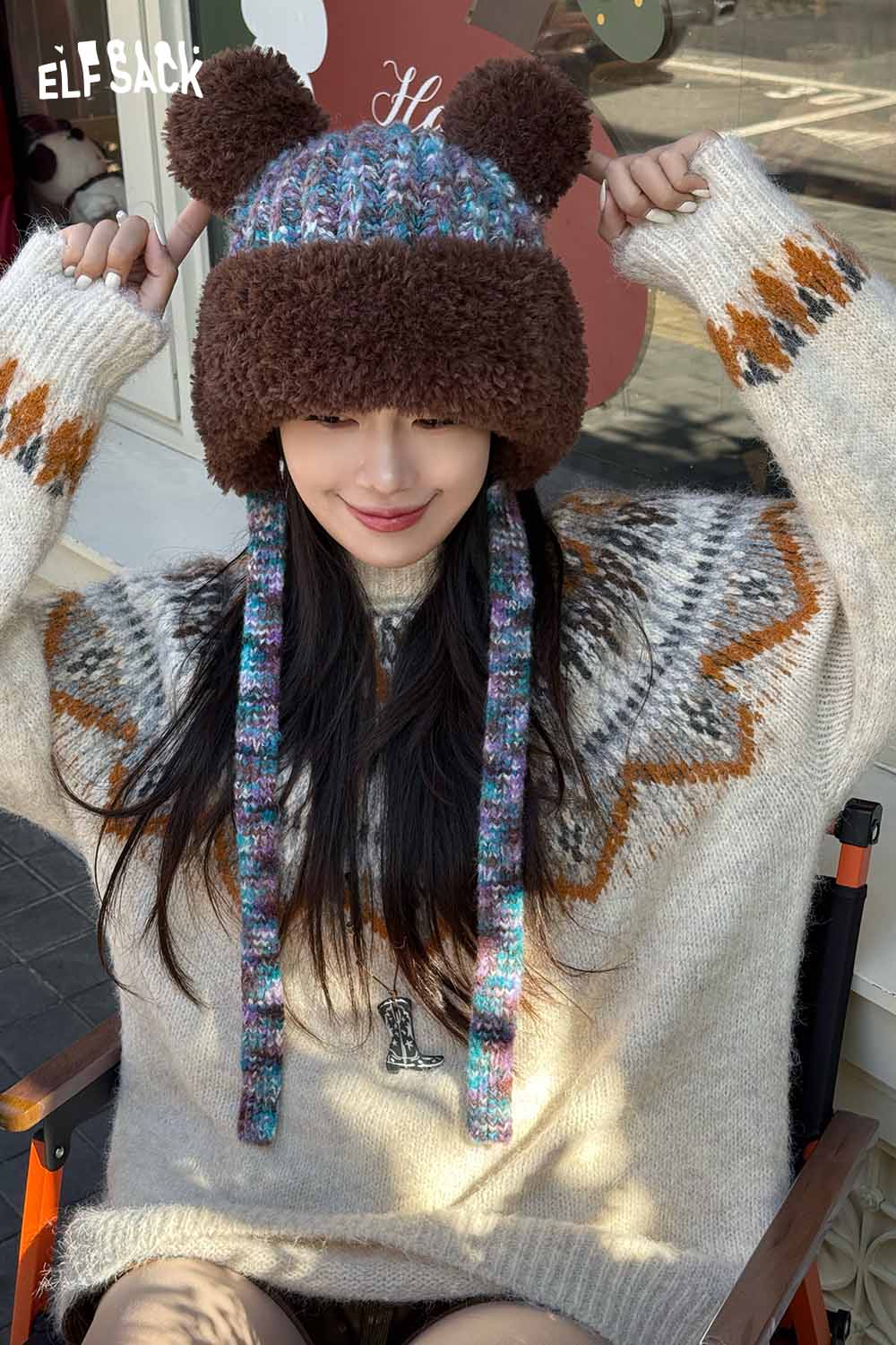 ELFSACK Cute 3D Bear Ear Pom Pom Warm Knit Beanie