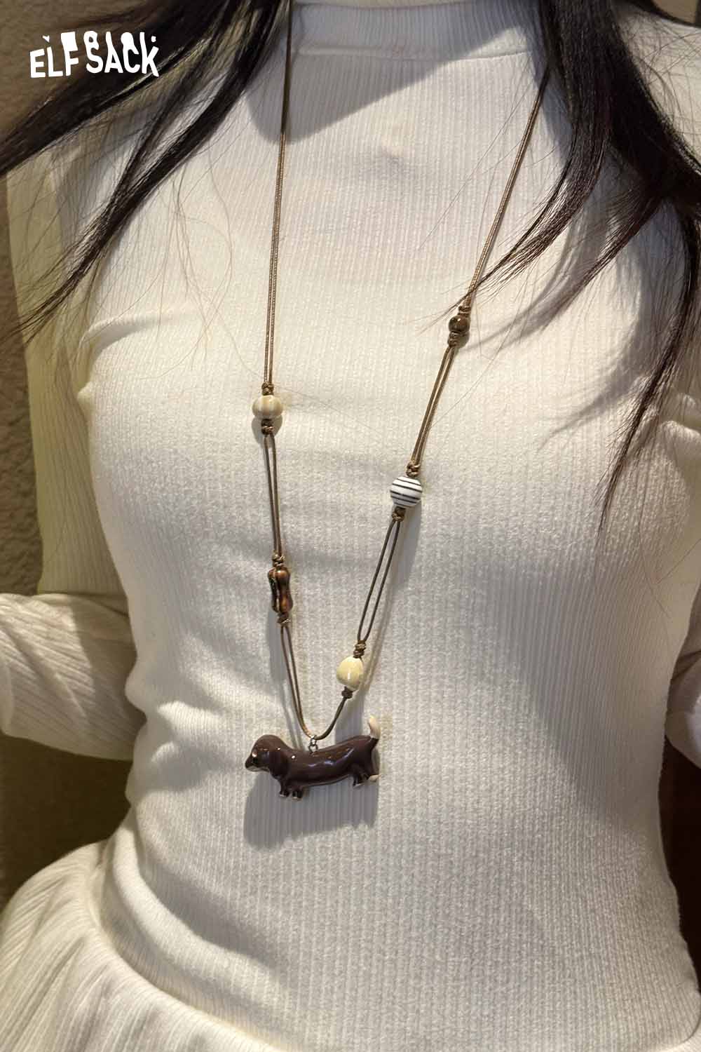 ELFSACK cute dog pendant necklace featuring a playful dog design and stylish beads