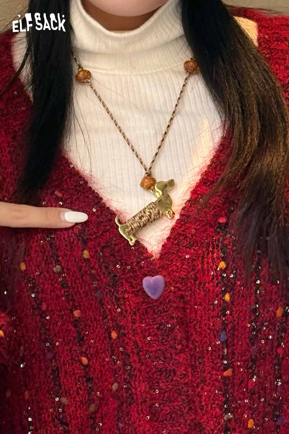 ELFSACK cute dog pendant necklace showcase on a model wearing a red knitted sweater