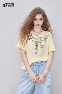 Cute Doodle Print Striped Cropped Tee