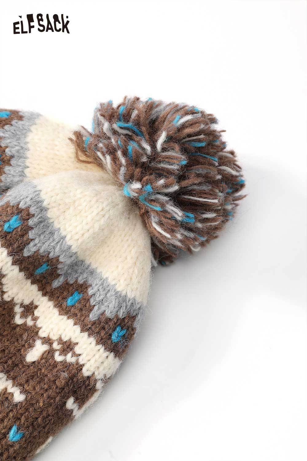 ELFSACK cute Fair Isle knit beanie with a brown and cream pattern and a fluffy pom-pom on top