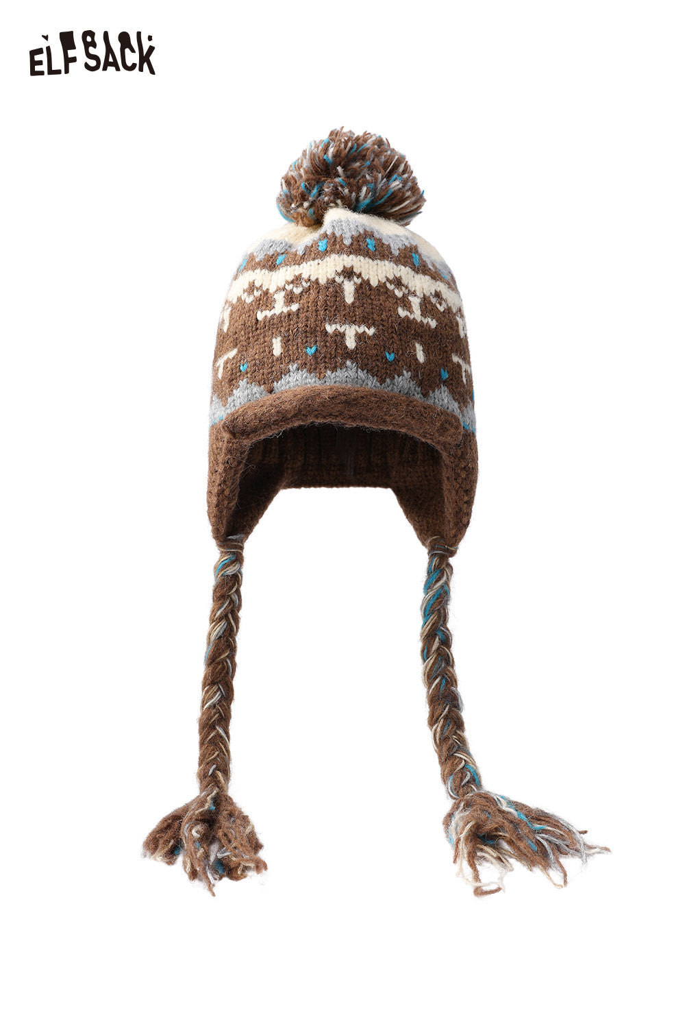 Cute Fair Isle knit beanie by ELFSACK with braided tassels and pom-pom detail for winter style