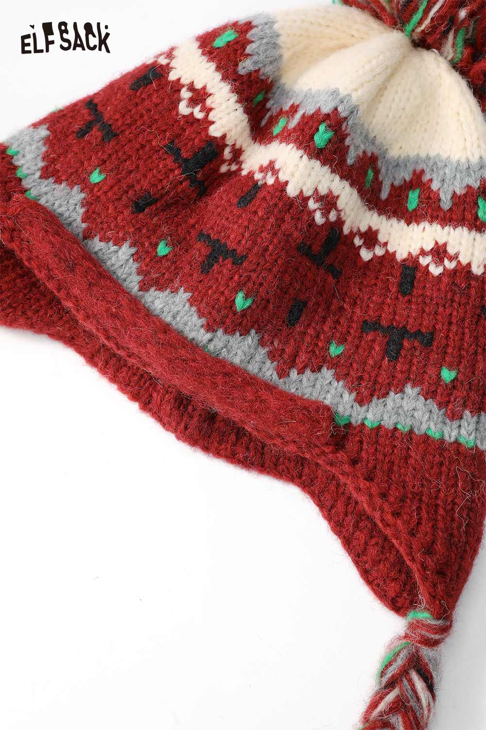 Cute Fair Isle knit beanie in red with festive patterns for stylish winter warmth