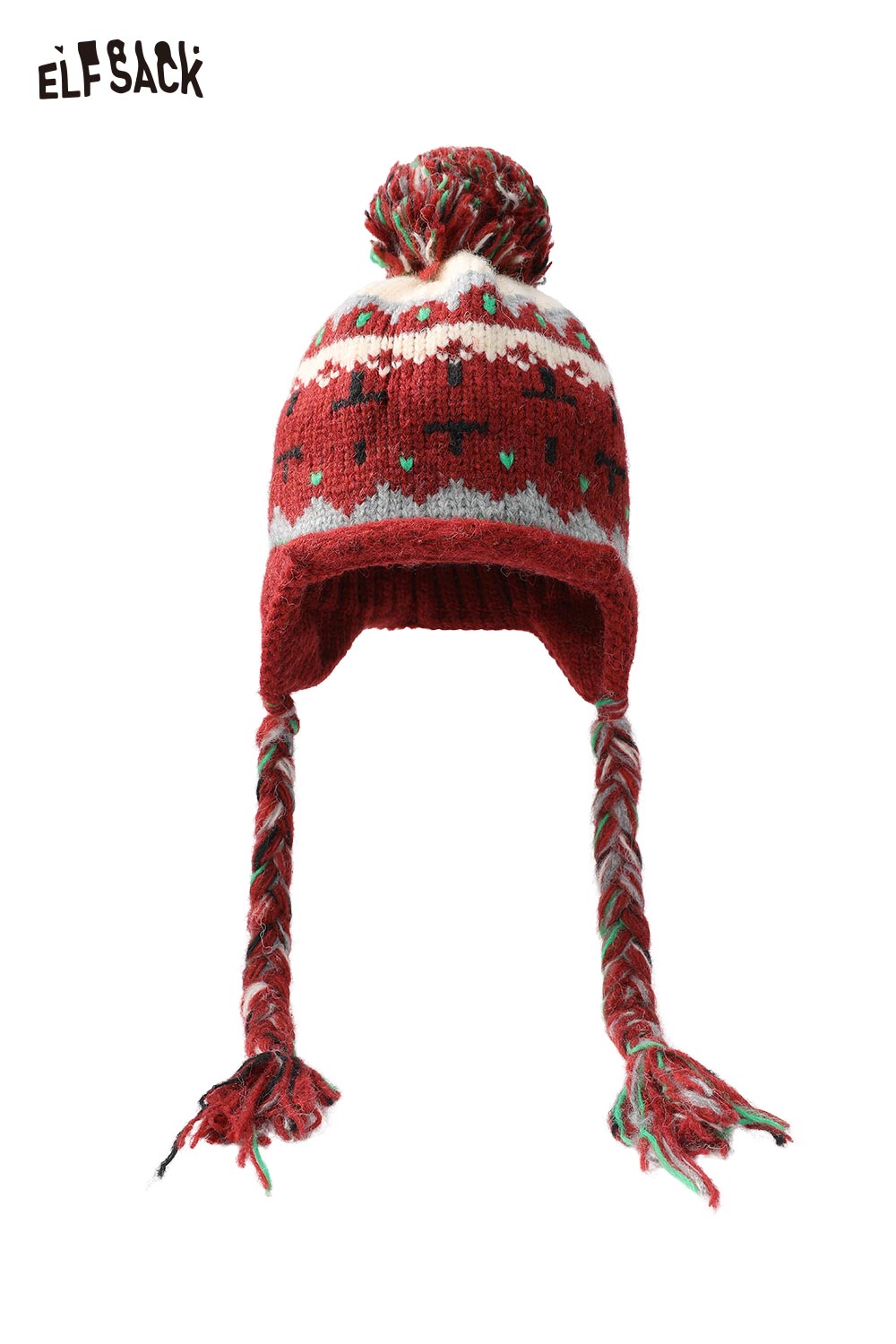 Cute Fair Isle knit beanie with colorful patterns and braided tassels for winter style
