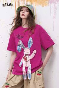Cute Graphic Short Sleeve T Shirt with Rabbit Patch