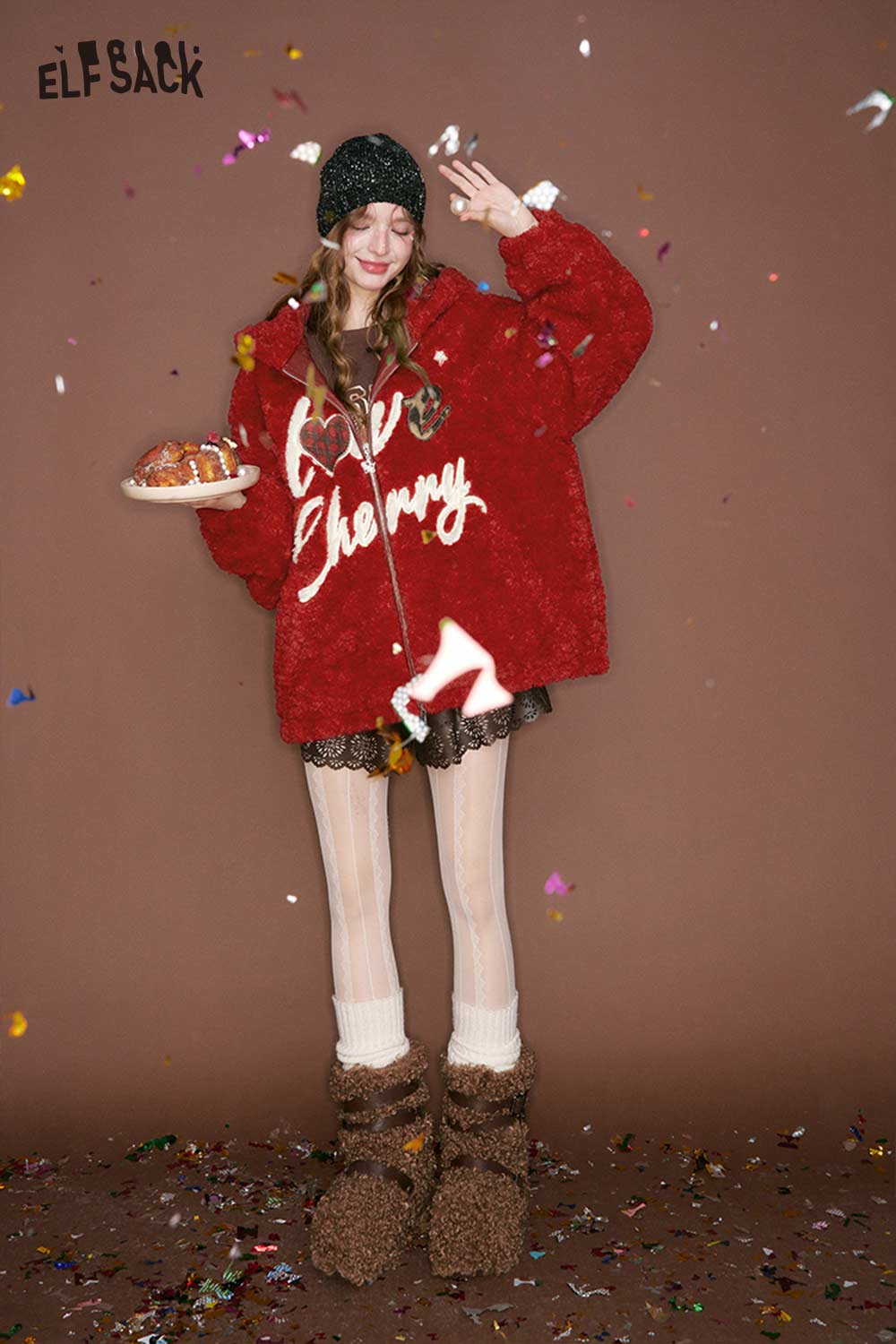 Cute heart embroidery faux wool jacket from ELFSACK in vibrant red with cozy design and playful details