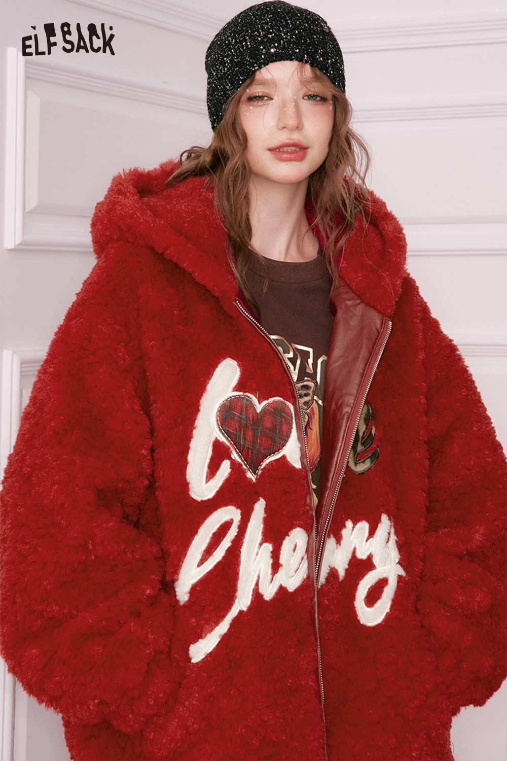 ELFSACK cute heart embroidery faux wool jacket in vibrant red with soft fleece texture
