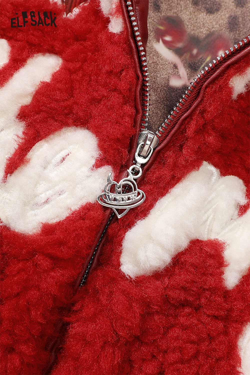 Close-up of ELFSACK cute heart embroidery faux wool jacket featuring a zip and heart-shaped zipper pull