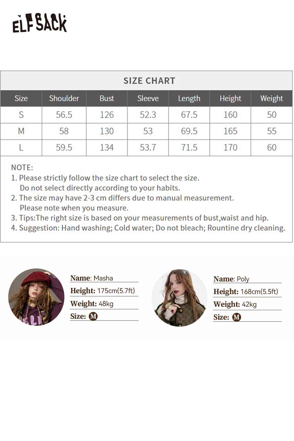 ELFSACK cute heart embroidery faux wool jacket with stylish design and size chart for sizing guidance