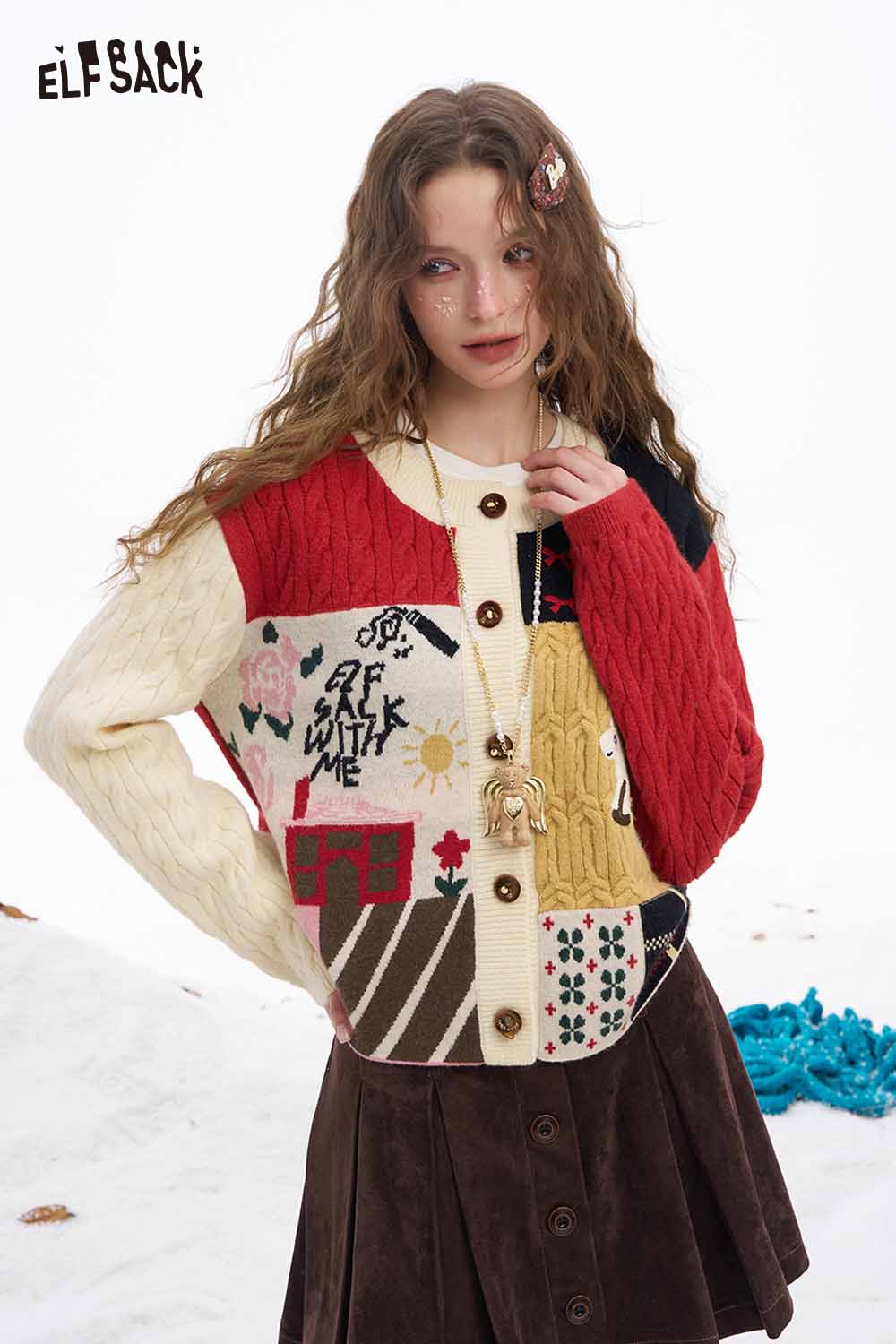 ELFSACK cute patchwork cardigan for women featuring colorful patterns and button front design