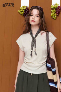 ELFSACK Cutout Shoulder Ruched Slim Fit Tee