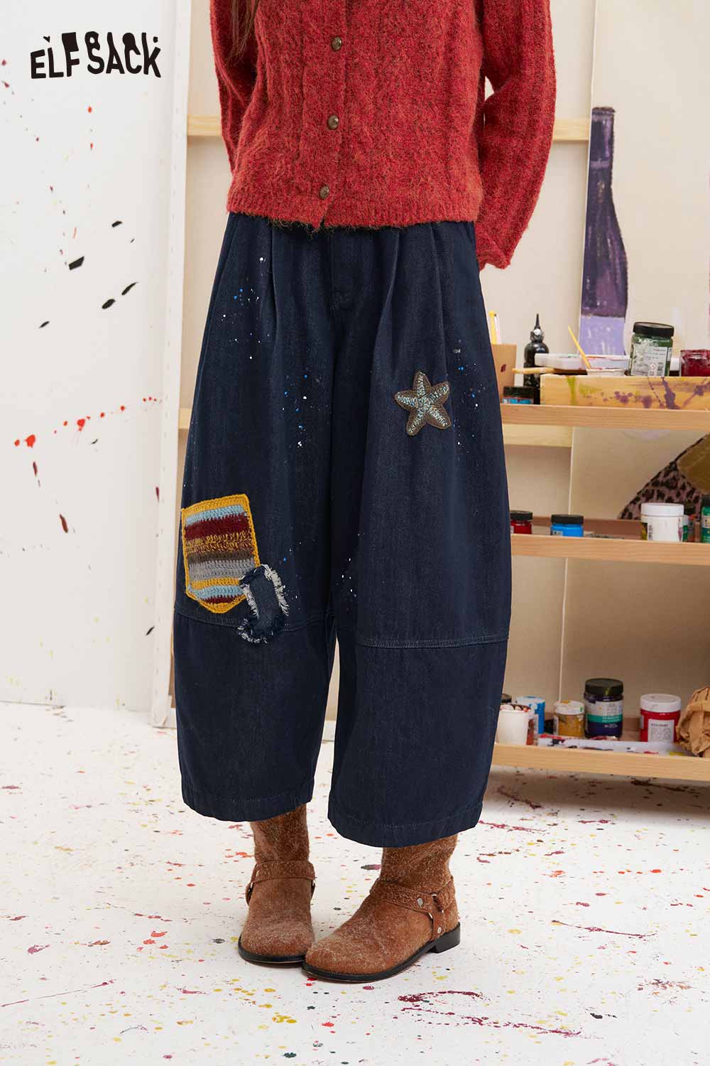 Dark Blue Baggy Star Patch Jeans