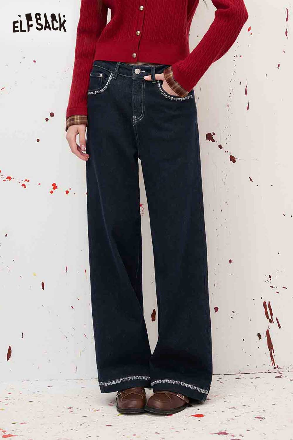 Dark Blue Wide Leg Wavy Stitch Jeans