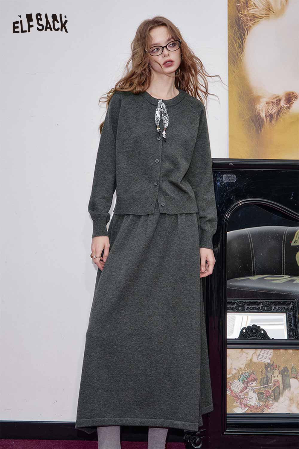 ELFSACK dark grey matching set for women featuring a long skirt and button-up cardigan