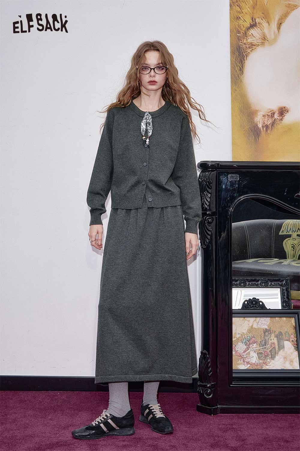 Stylish ELFSACK dark grey matching set for women featuring a cardigan and long skirt for a chic look