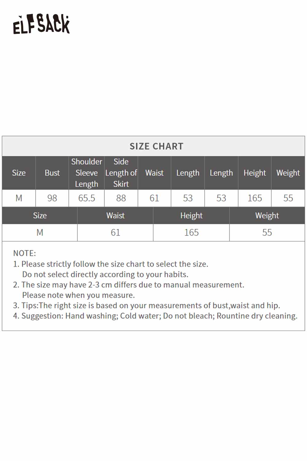 Size chart for ELFSACK dark grey matching set for women with measurements for bust, sleeve, waist, and height