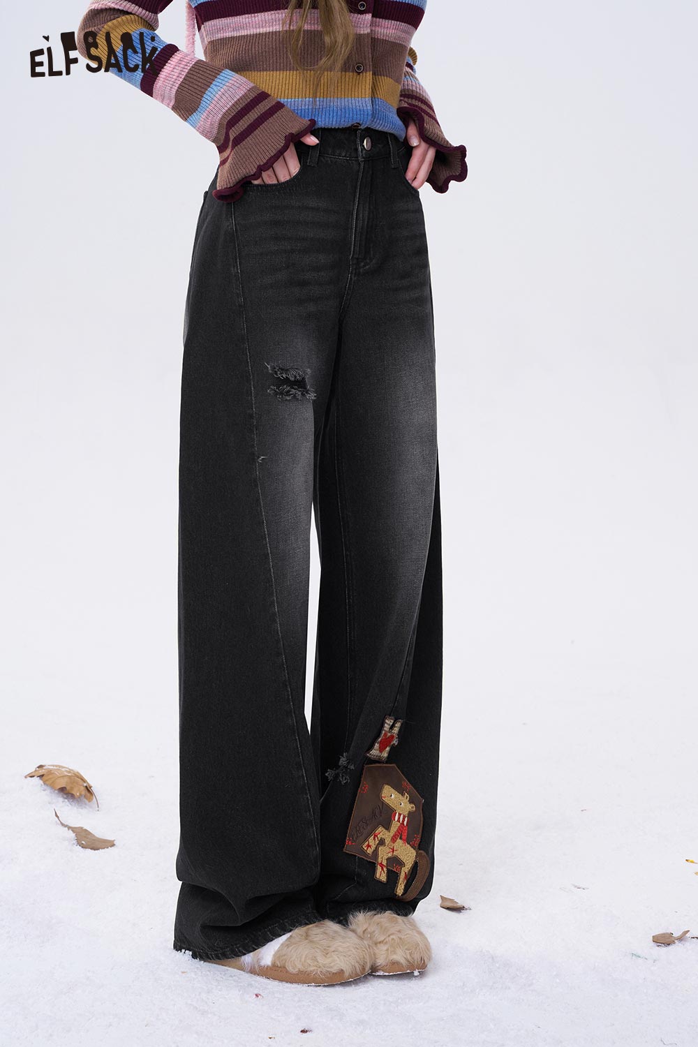 ELFSACK deer patchwork wide leg jeans in black with unique deer designs and a relaxed fit