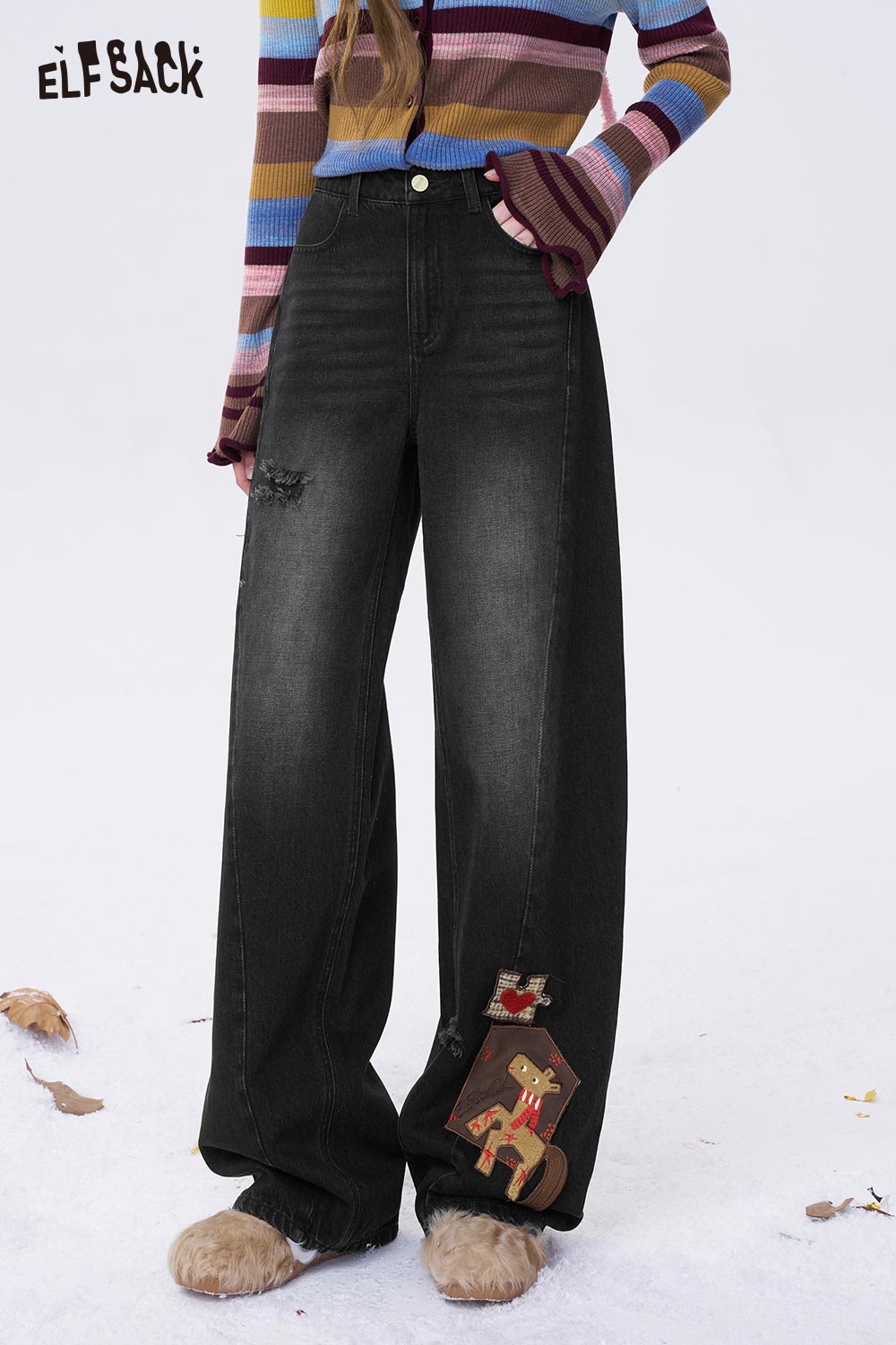 ELFSACK deer patchwork wide leg jeans featuring unique designs and a relaxed fit
