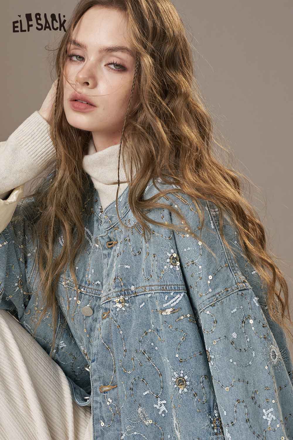 ELFSACK denim glitter accent jacket with intricate embellishments and relaxed fit for stylish layering