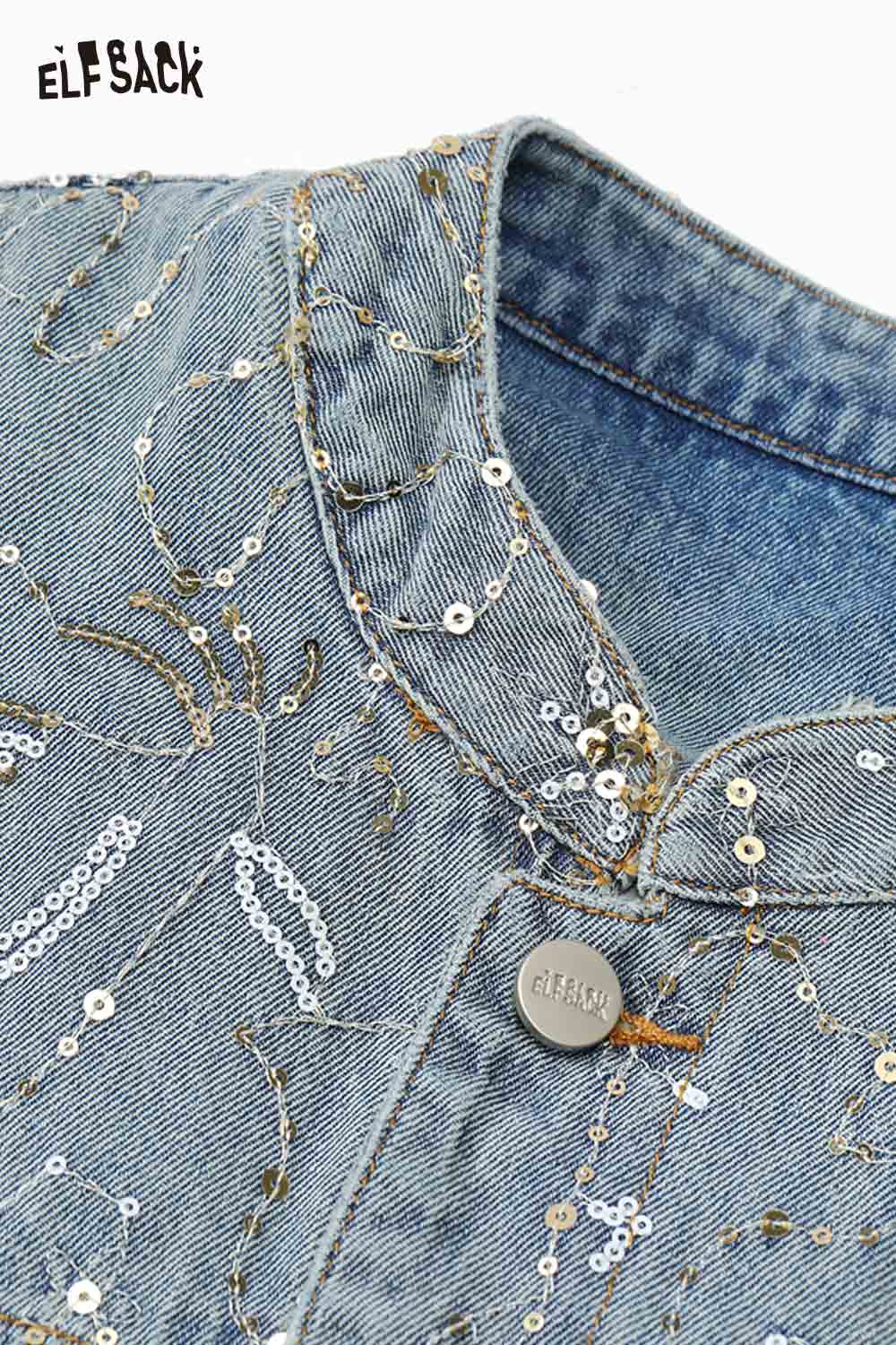 Close-up of ELFSACK denim glitter accent jacket collar with intricate sequin detailing