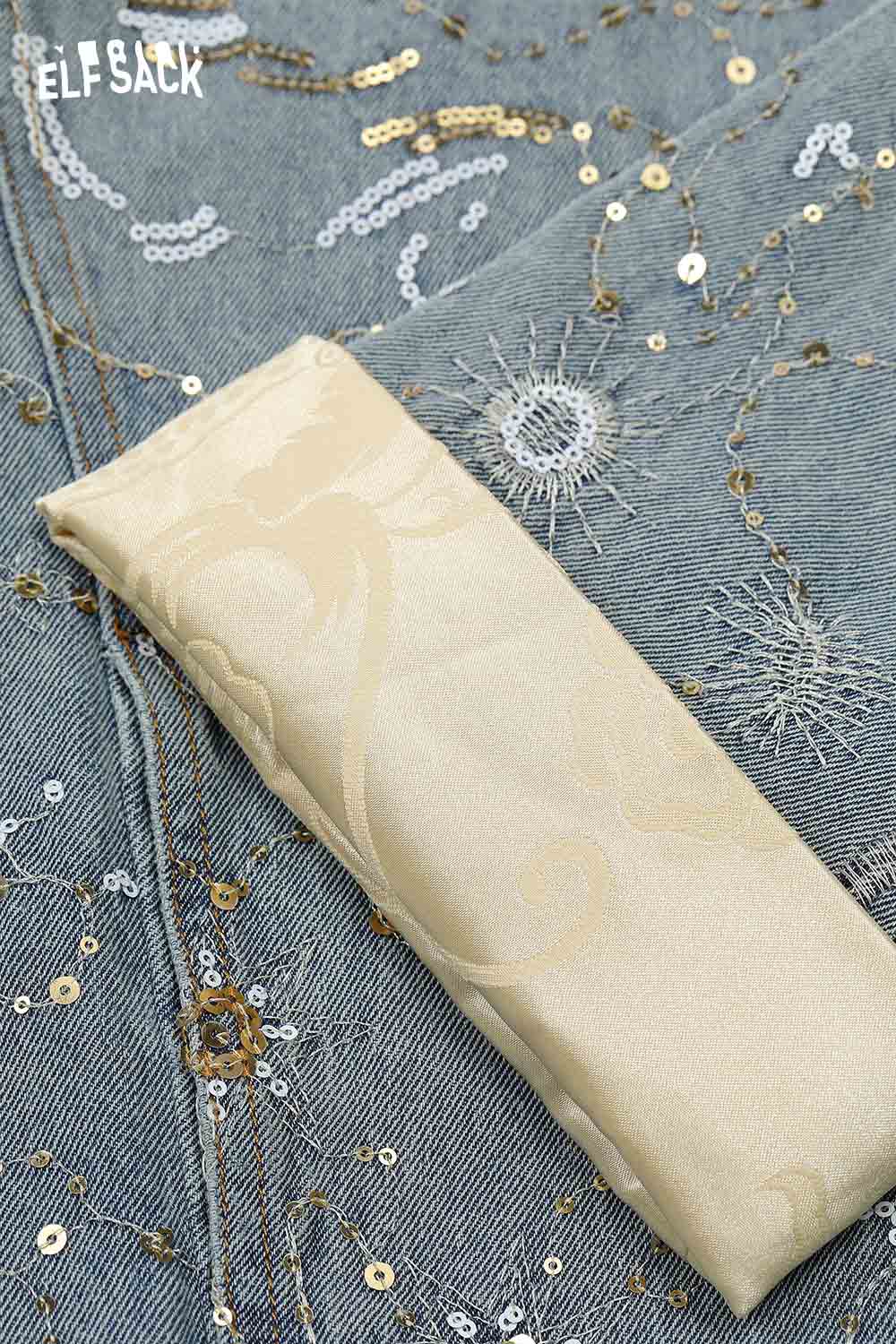 ELFSACK denim glitter accent jacket featuring embroidered floral designs and a soft lining