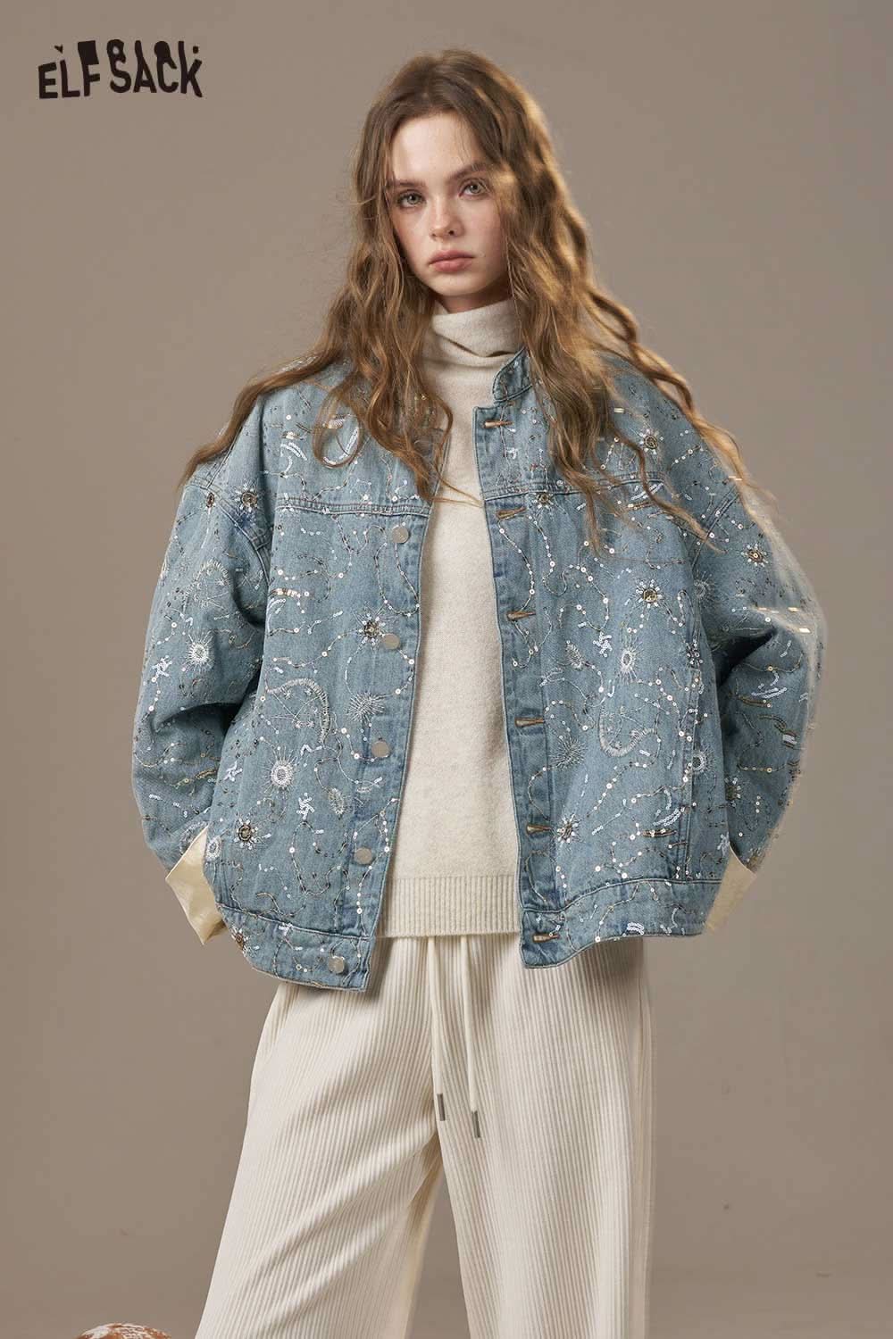 ELFSACK denim glitter accent jacket with floral patterns for a stylish, casual look