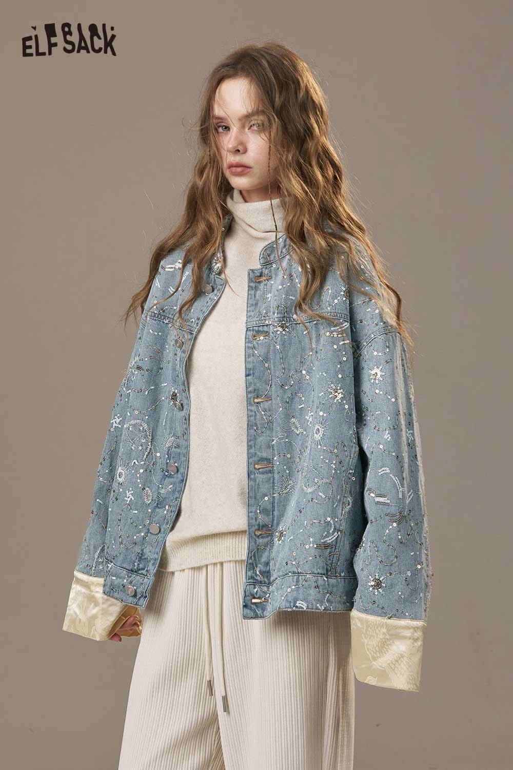 ELFSACK denim glitter accent jacket with decorative embroidery and relaxed fit for a chic look