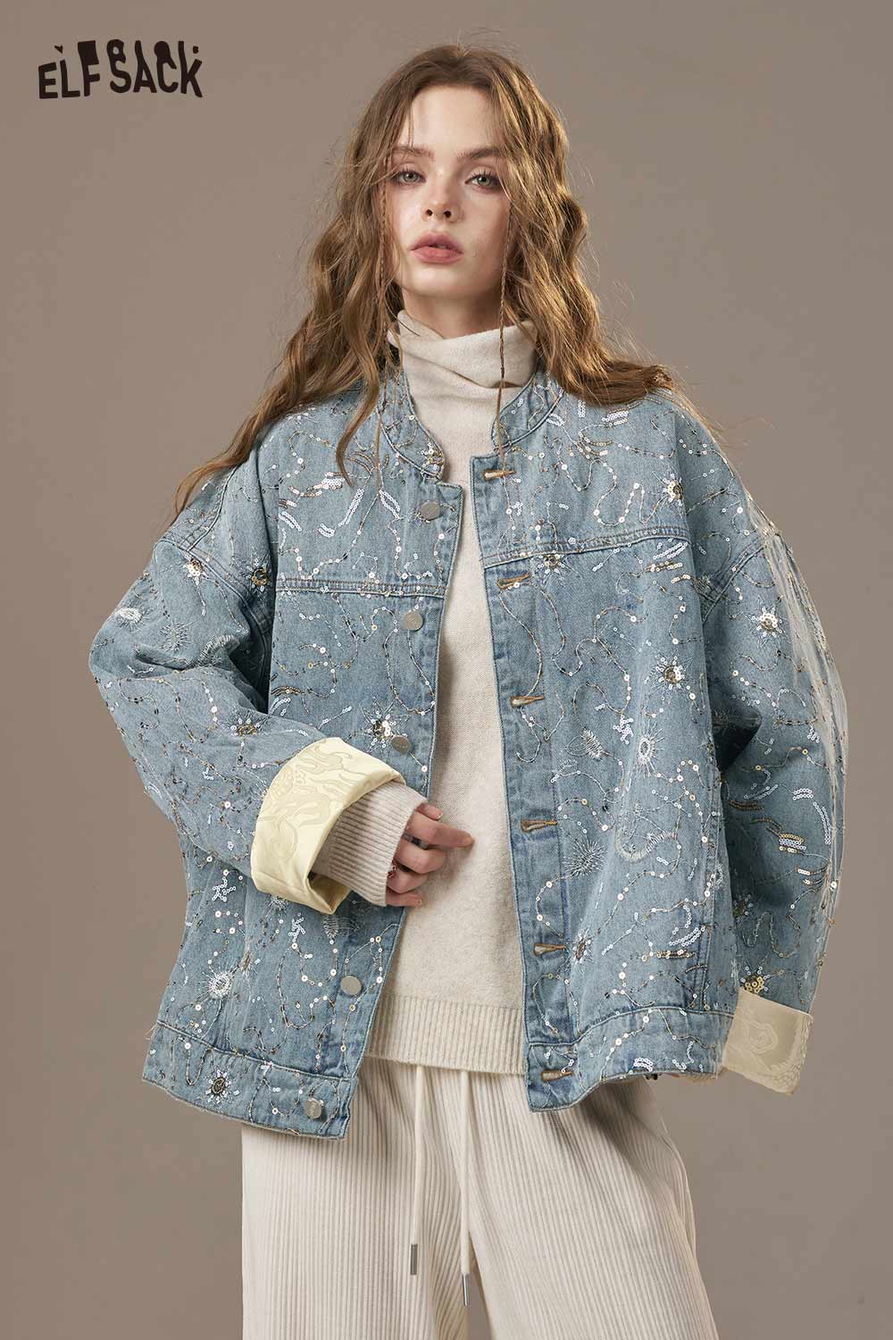 ELFSACK denim glitter accent jacket with a relaxed fit and stylish patterns for a trendy look