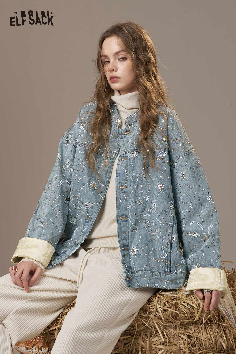 ELFSACK denim glitter accent jacket with unique design, perfect for stylish layering in any season