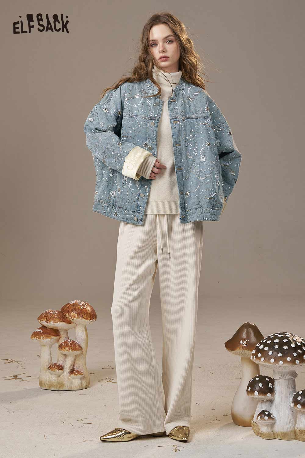 ELFSACK denim glitter accent jacket styled with a cream turtleneck and wide-leg pants for a trendy look
