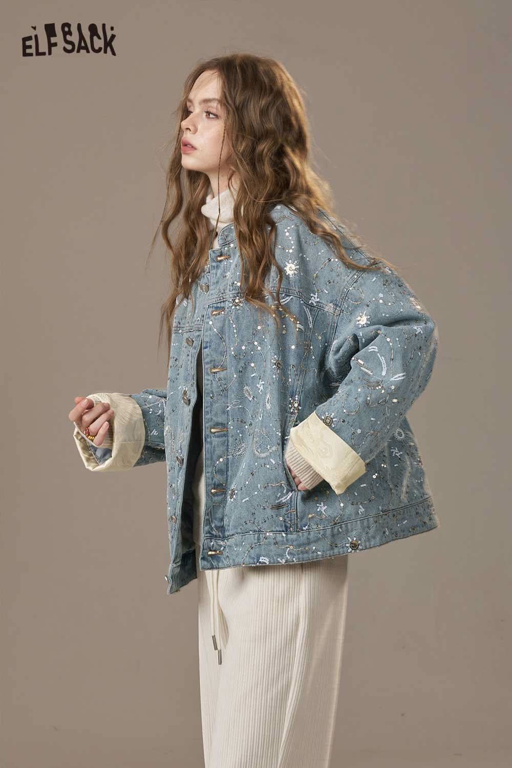 ELFSACK denim glitter accent jacket featuring unique designs and a relaxed fit for a trendy look