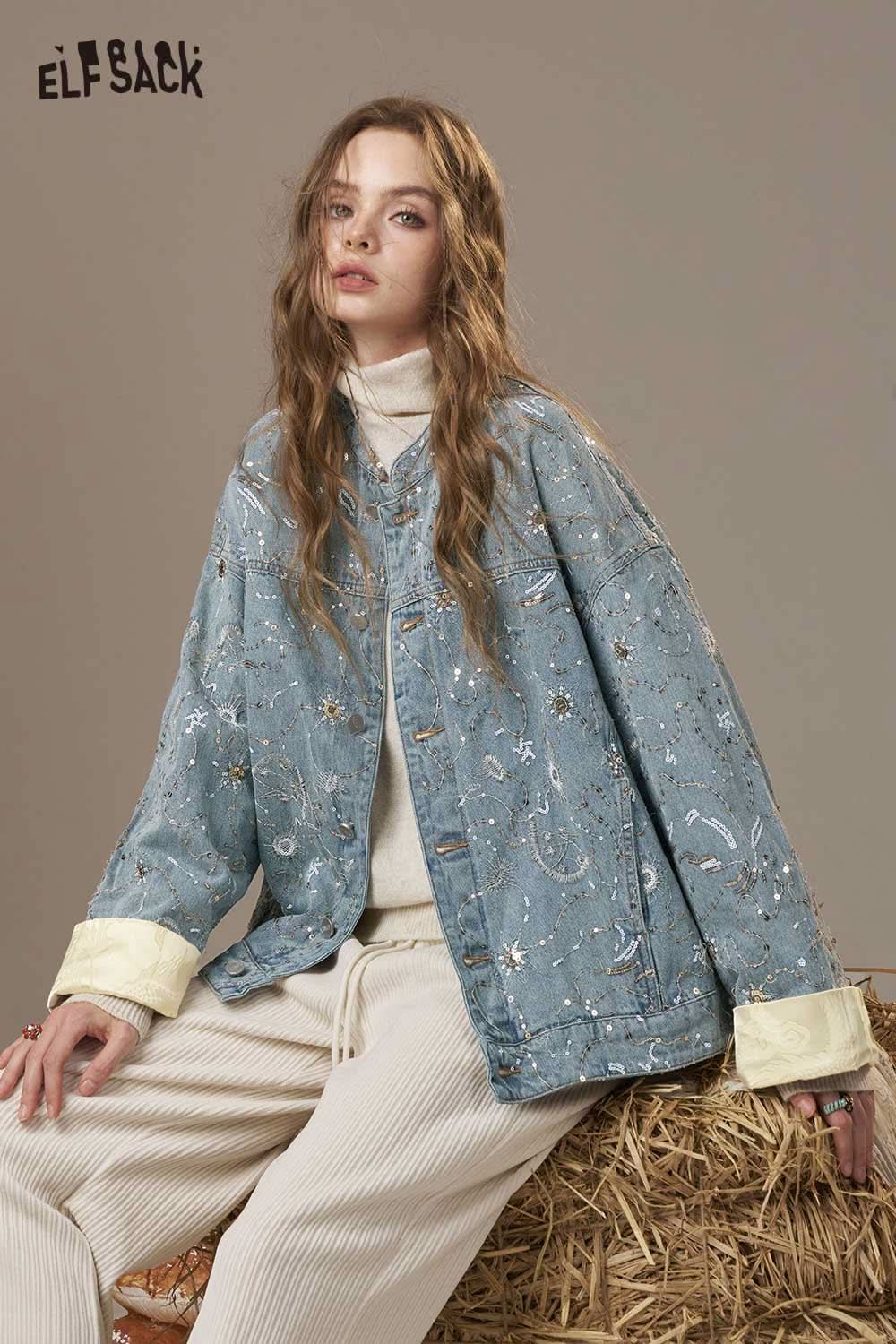 ELFSACK denim glitter accent jacket with a relaxed fit and unique design details for stylish layering