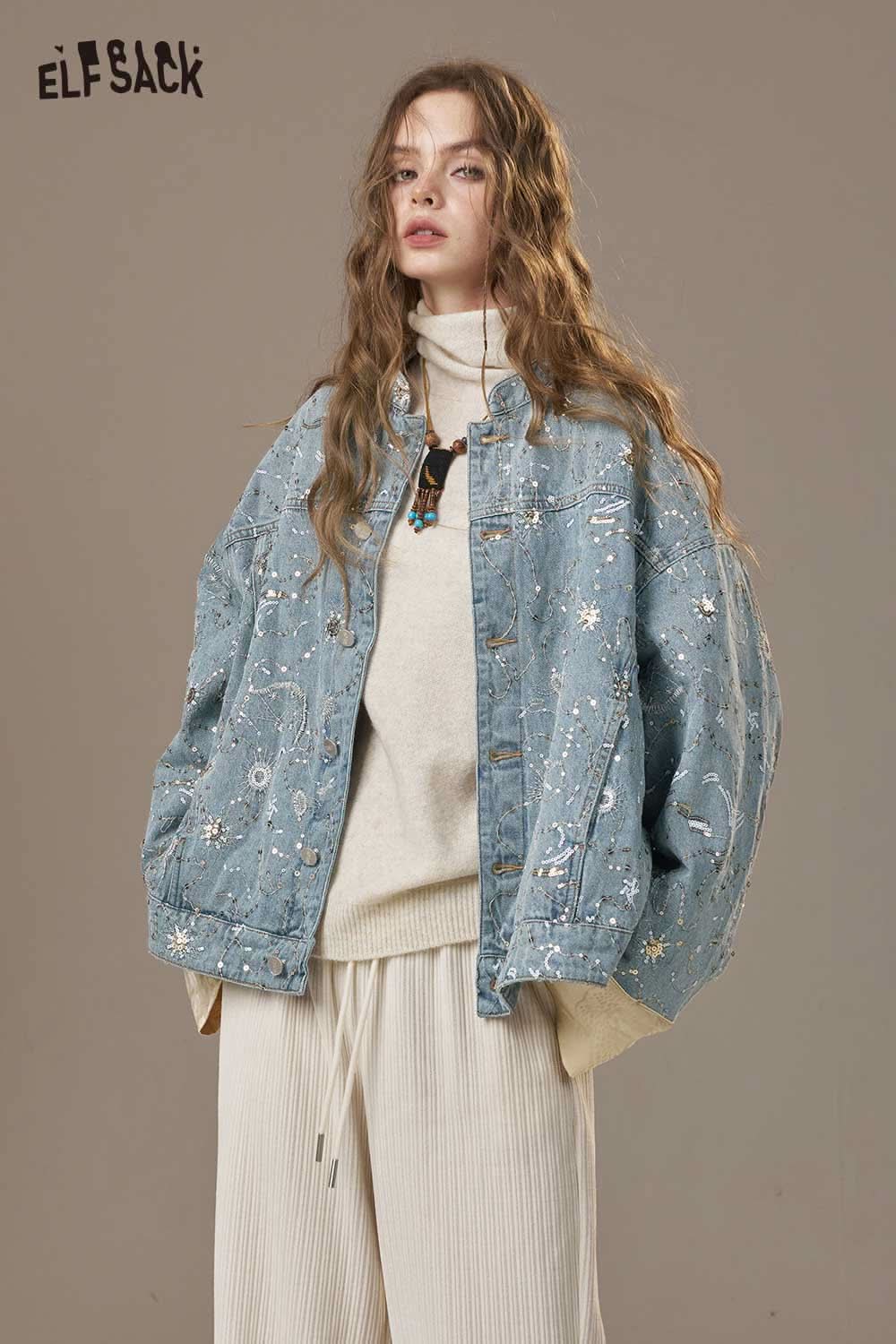ELFSACK denim glitter accent jacket with stylish embellishments for a trendy look