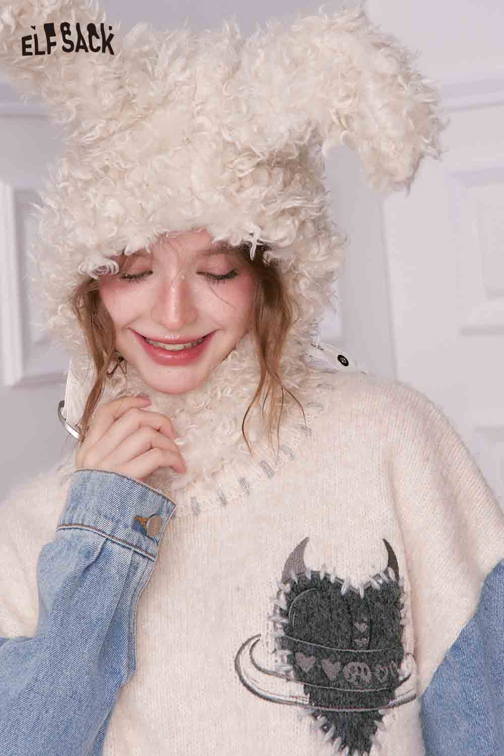 ELFSACK denim patchwork sweater for women featuring a cozy design with a playful graphic