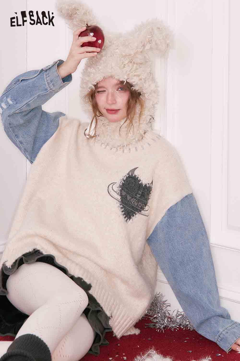 Cozy ELFSACK denim patchwork sweater for women with a unique fluffy design and playful hat