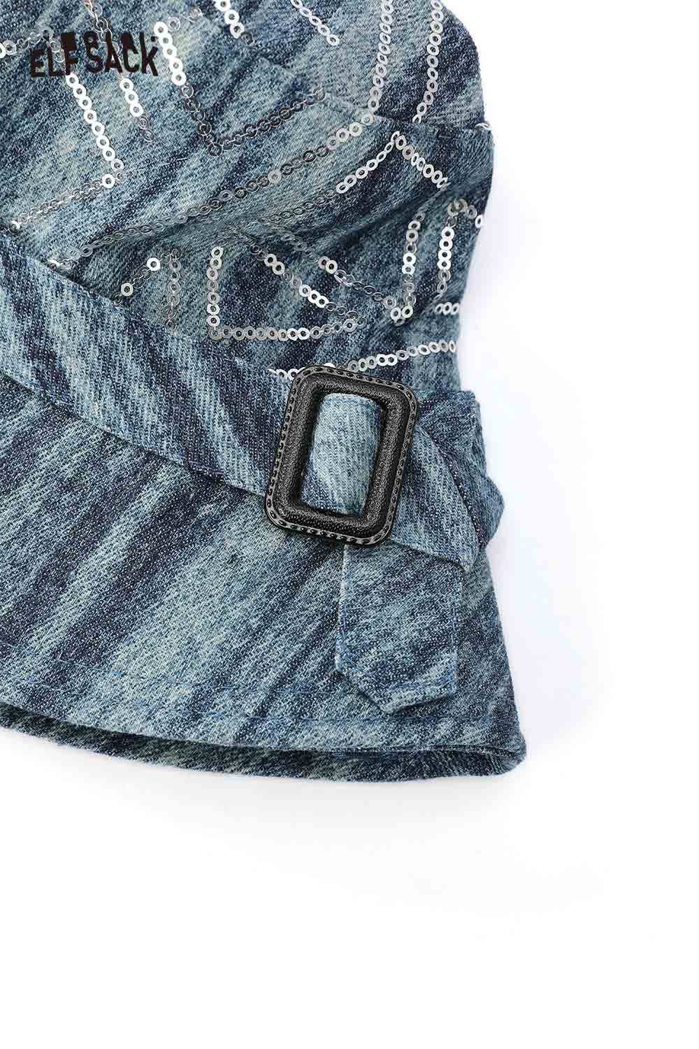 ELFSACK denim sequin bucket hat with stylish design and adjustable buckle for trendy looks