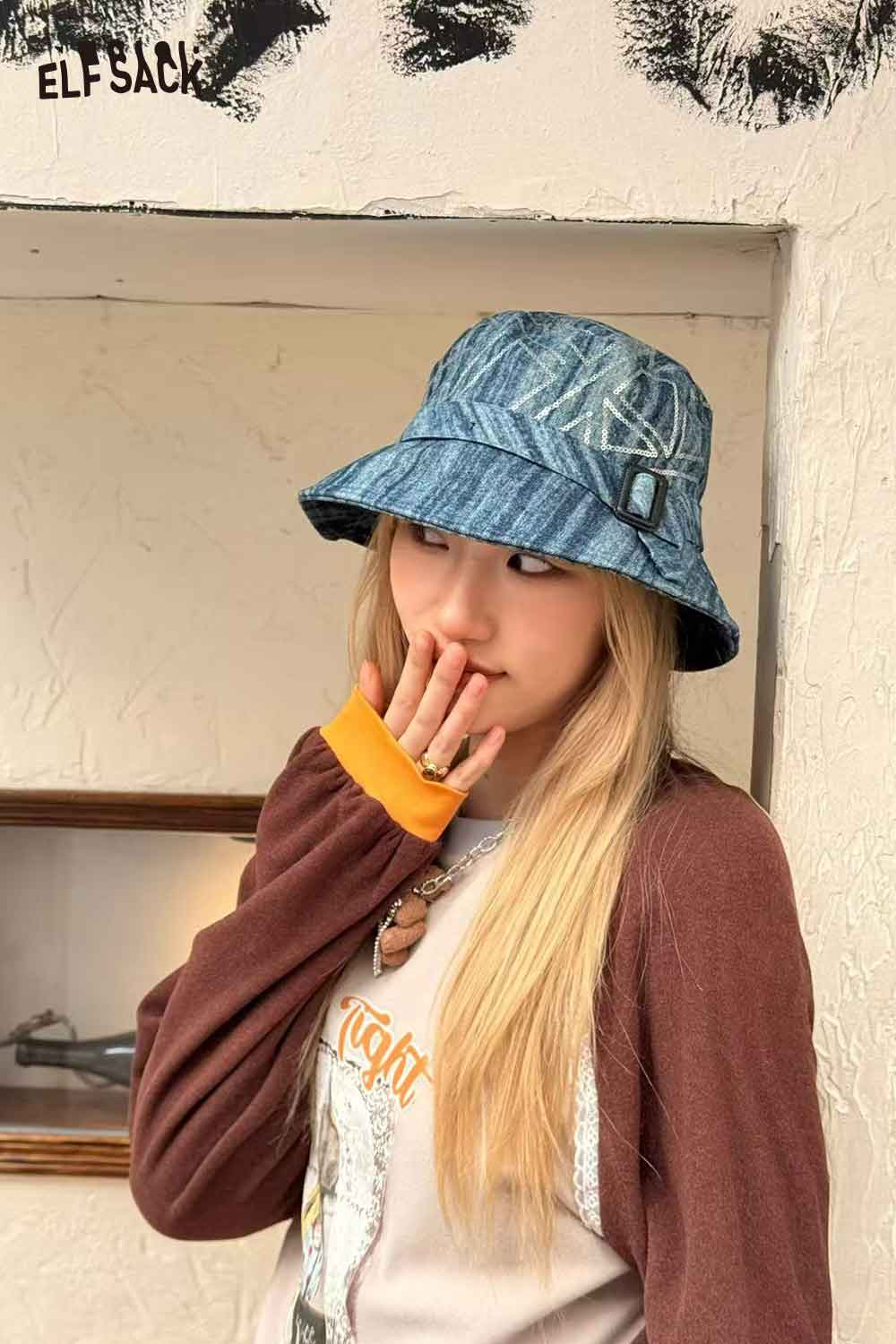 ELFSACK denim sequin bucket hat with stylish design perfect for casual outings