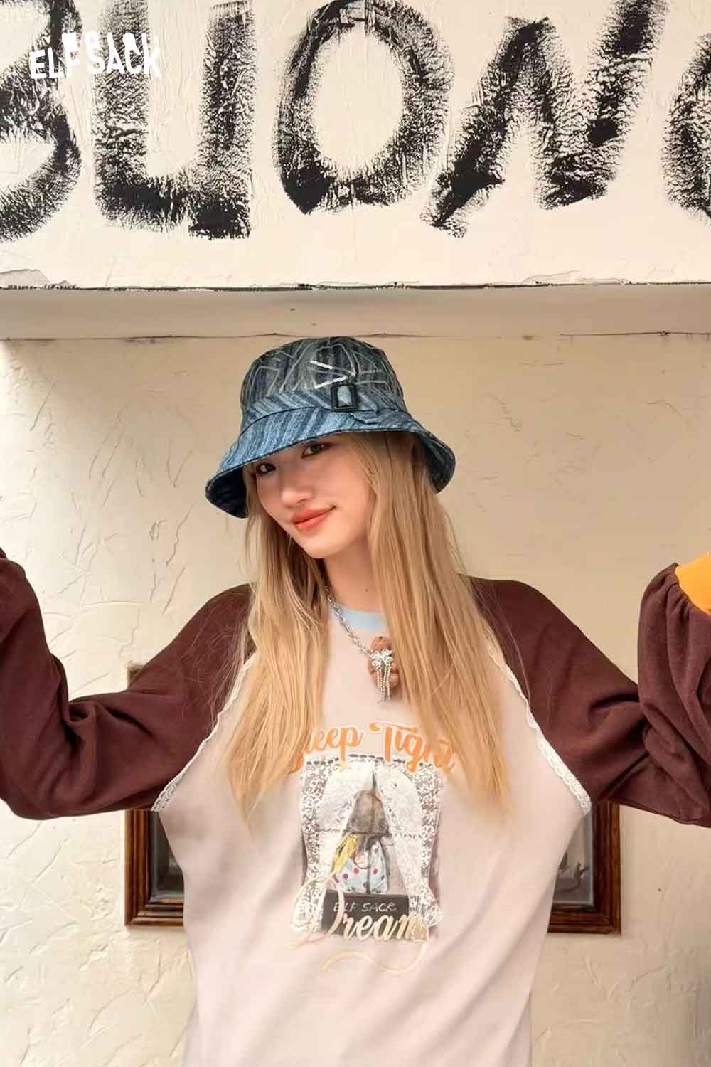 ELFSACK denim sequin bucket hat with stylish design for trendy casual outfits