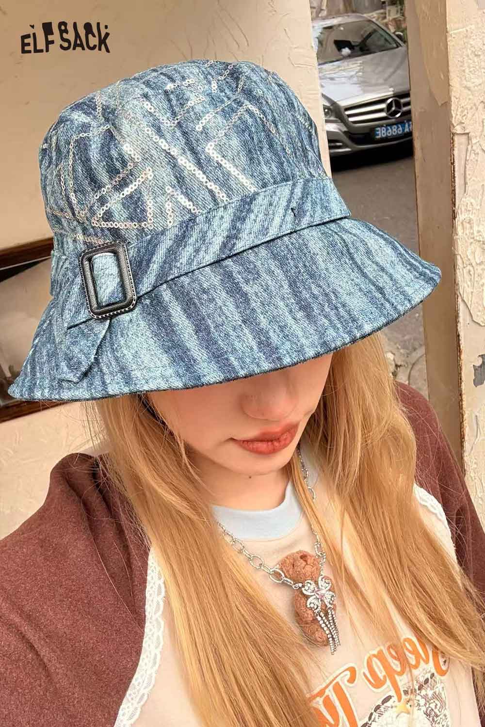 ELFSACK denim sequin bucket hat with a stylish design for trendy summer outfits