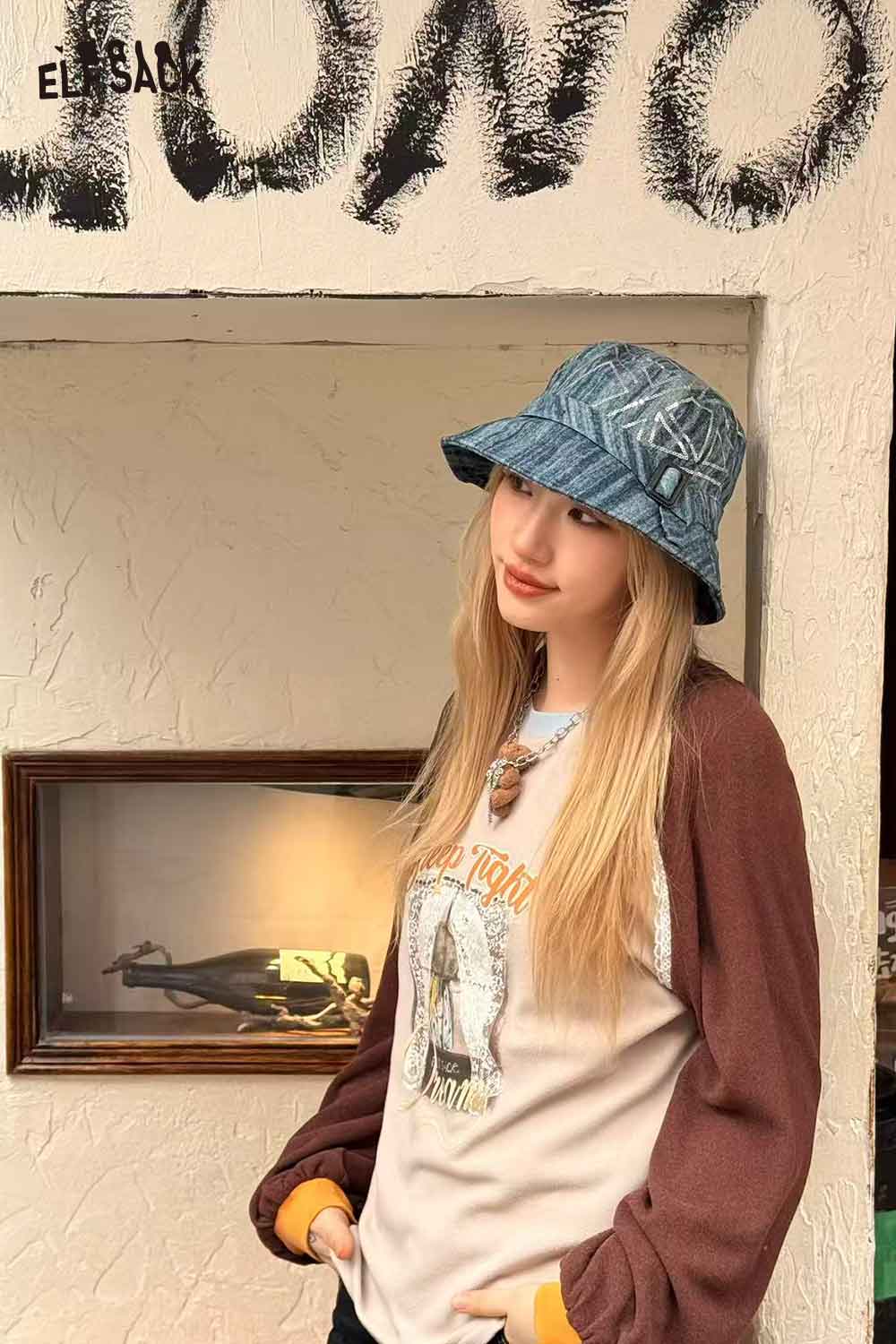 ELFSACK denim sequin bucket hat with a stylish design for a trendy accessory look